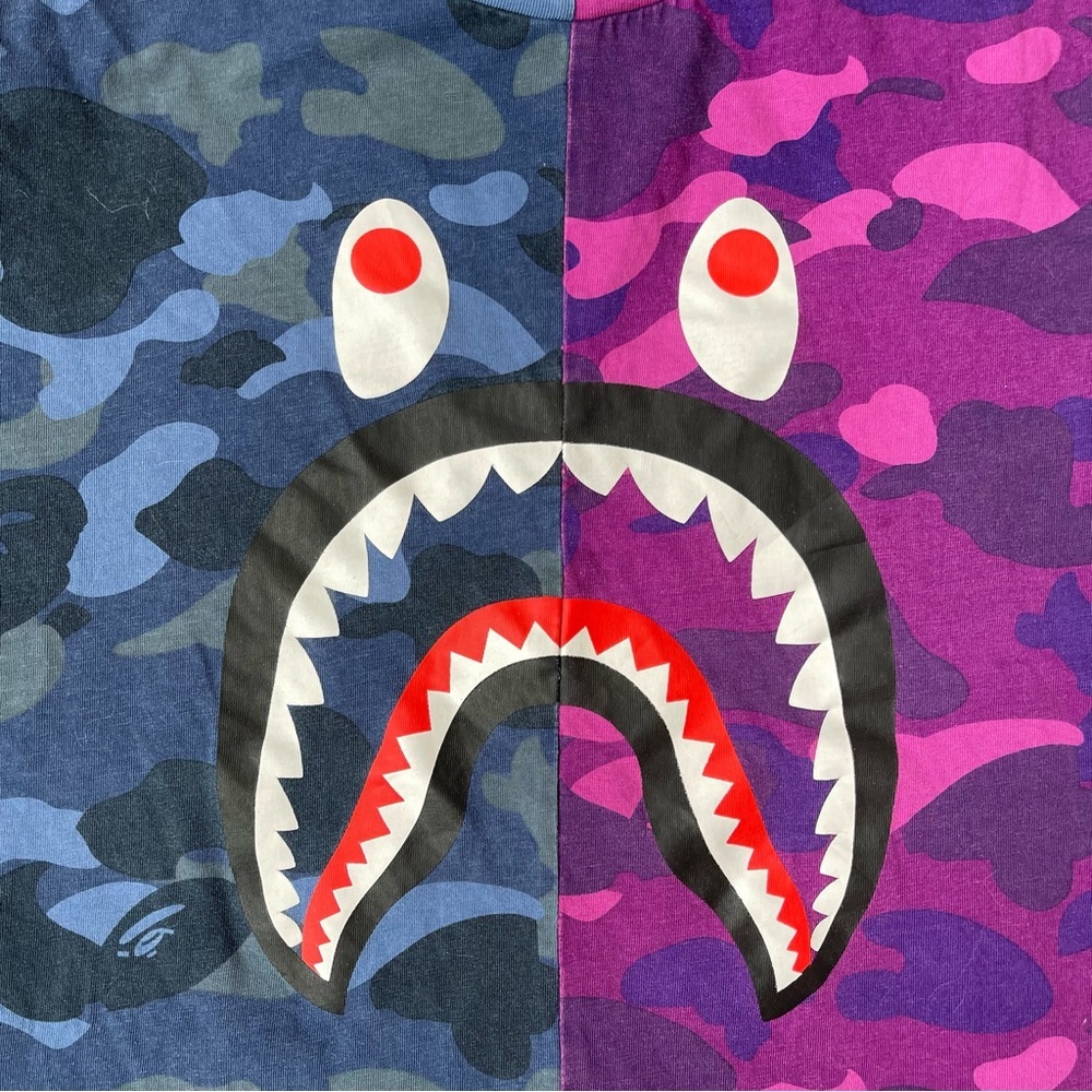 A BATHING APE Split Shark Camo T-Shirt Purple Blue WGM Graphic Tee Medium - Picture 2 of 11